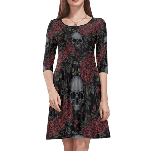 Women's  Skulls & Red Roses Half-Sleeve Dress