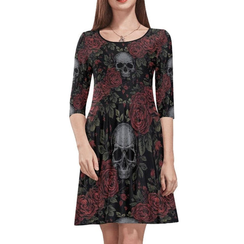 Women's  Skulls & Red Roses Half-Sleeve Dress