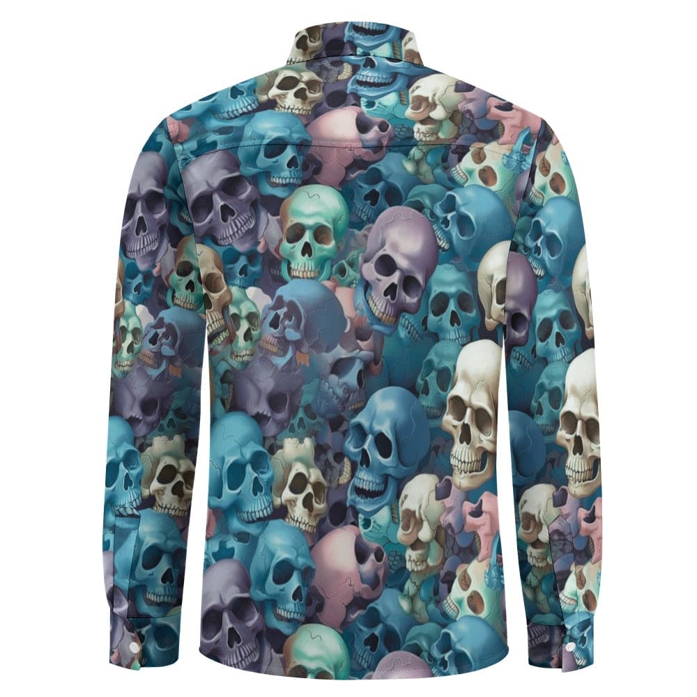 Blue Skulls Casual One Pocket Long Sleeve Dress Shirt – Everything Skull Clothing Merchandise and Accessories