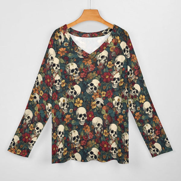 Elevate Your Wardrobe With This Floral Long Sleeve Top Adorned With Charming Skulls.