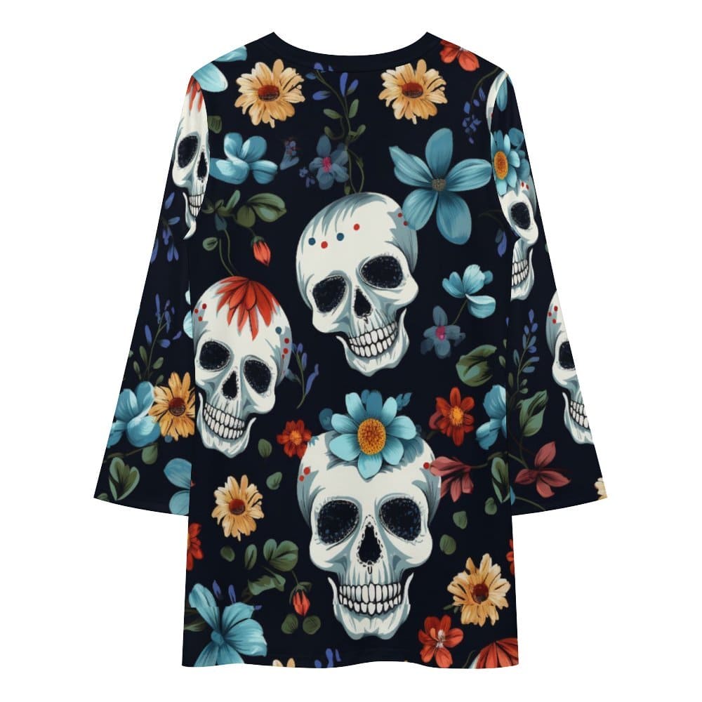 Long Sleeve Skulls Floral Long Sleeve Patchwork T-Shirt Dress White / 4XL