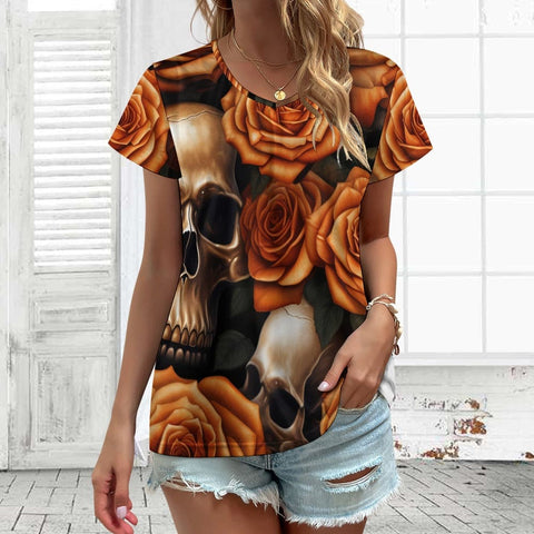 Skull Orange Roses V-neck Short Sleeve T-shirt