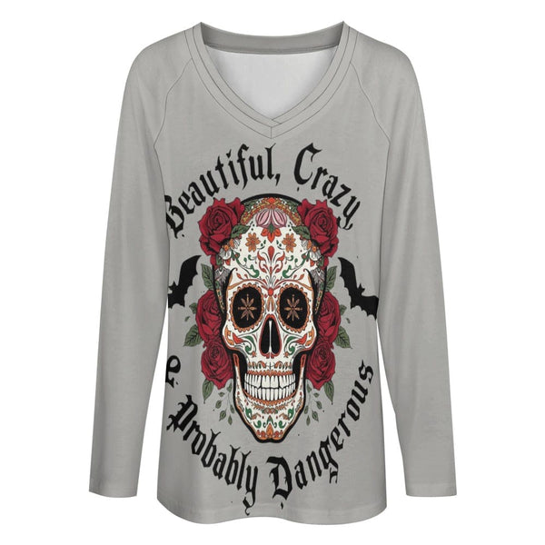 Women's Skull Red Flowers Beautiful Crazy... Long Sleeve Loose T-Shirt