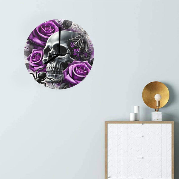 Purple Rose Skull Spider Wall Clock