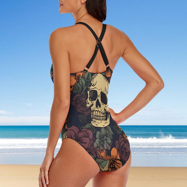 This Floral Skull Pattern Ladies One Piece Swimsuit Is Perfect For Any Water Activity