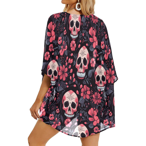 Women's Pink Floral Skulls Kimono Chiffon Light Jacket