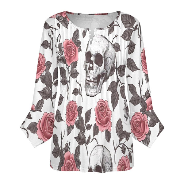 Women's Pink Roses And Skulls Ruffled Petal Sleeve Blouse