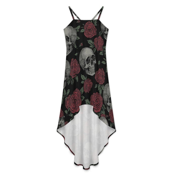 Women's Skull With Roses High-Low Spaghetti Strap Dress