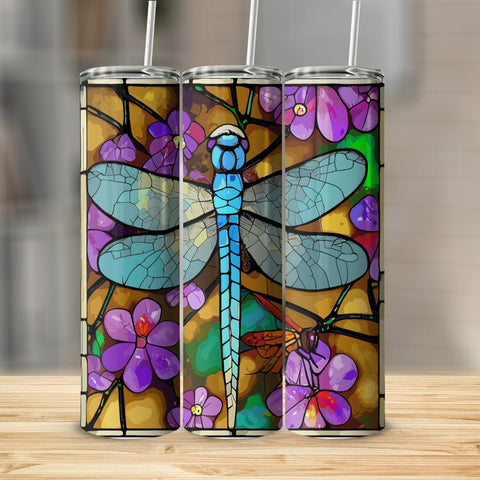 dragonfly purple flowers on stained glass Stainless Steel 20oz Tumbler skull