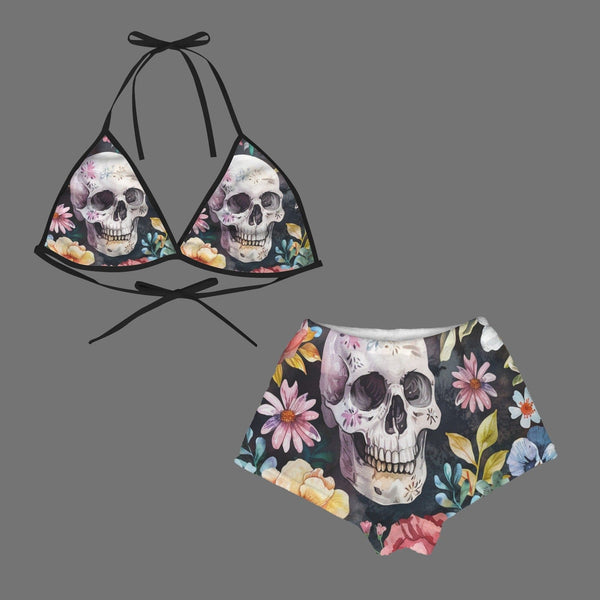 Skull Floral Women's Flannel Bikini Top & Shorts Pajamas