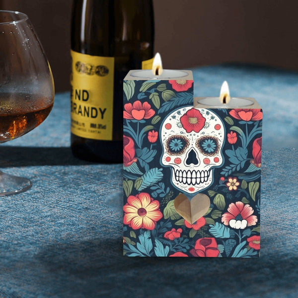 Blue Red Skulls Wooden Candle Holder