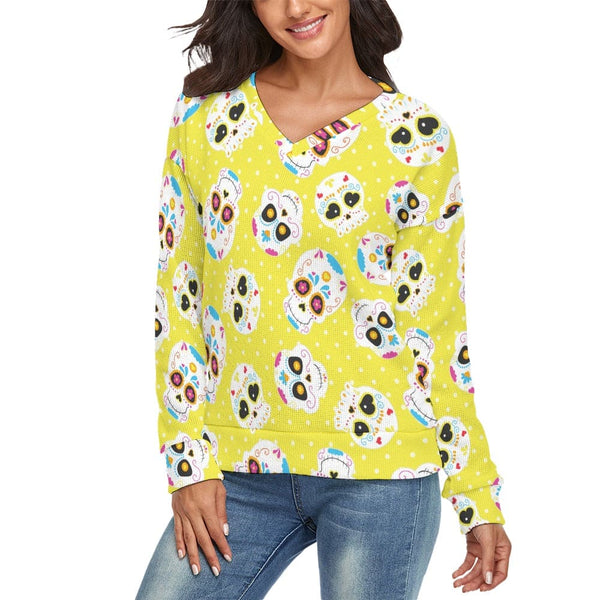 Women's Yellow Sugar Skulls V-Neck Long Sleeve Sweater