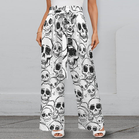 Doodle Style Seamless Skull Pattern Elastic Waist Wide Leg Pants with Pockets