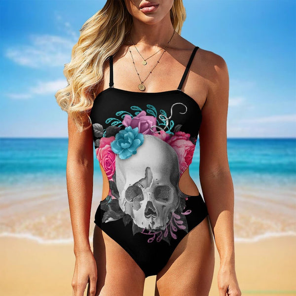 Women's Skull Floral Cutout Sides One Piece Bikini Swimsuit