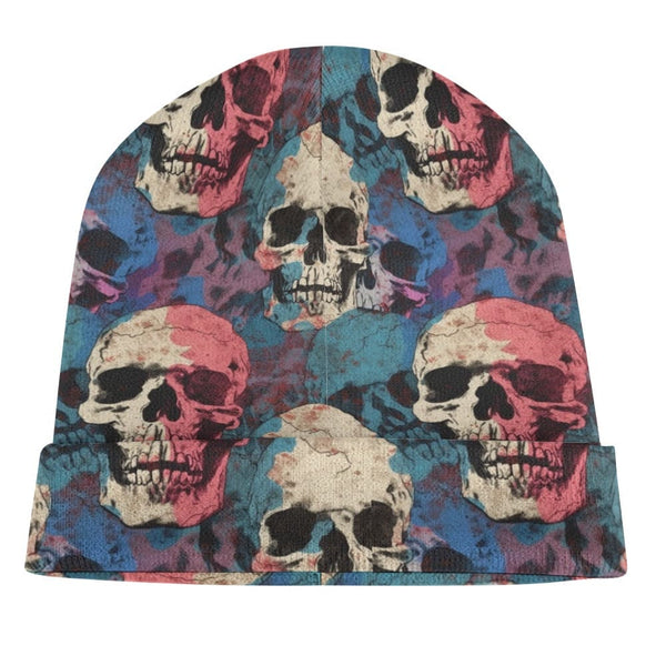 Indulge in the vibrant colors and bold design of our Blue Pink White Skulls Knitted Beanie