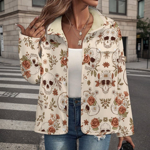 Women's Boho Skulls With Roses & Dasies Stand Collar Fleece Jacket