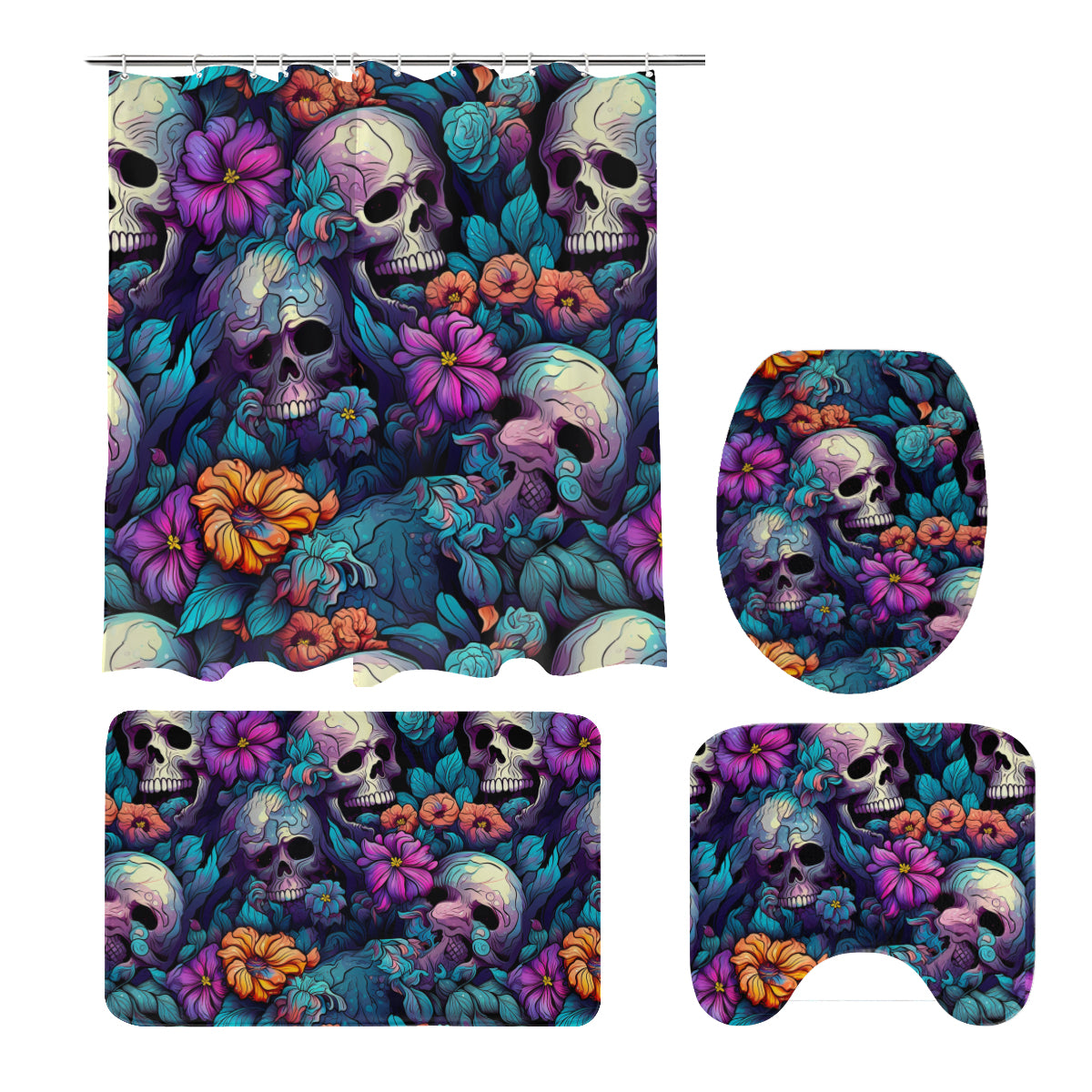 Skull Bright Colored Flowers 4 Piece Bathroom Set