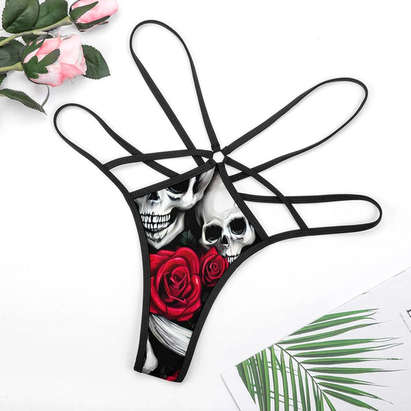 Experience Contemporary Lingerie Designed For Ultra-Comfortable Wear With Our Women's Strappy Skull & Roses T-back Panties