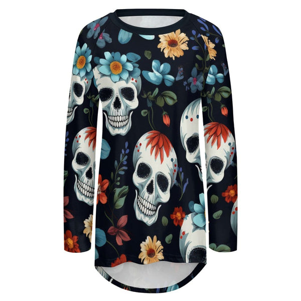 Women's Skulls With Blue Flowers Crew Neck Long Sleeve T-Shirt