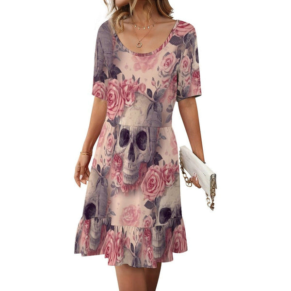 Women's Skulls With Pink Flowers Short Sleeve Ruffle Hem Dress