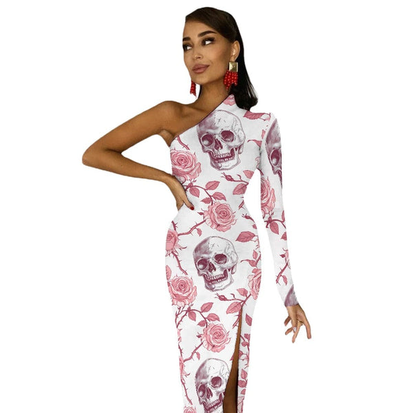 Women's Pink Roses Skulls Half Sleeve Slit Dress