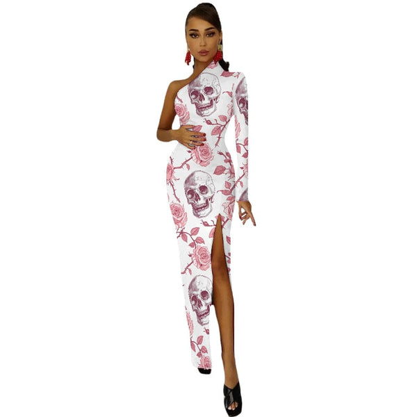 Women's Pink Roses Skulls Half Sleeve Slit Dress