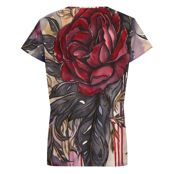 Women's Gothic Red Rose V-Neck Short Sleeve T-Shirt