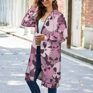 Women's Pink Camo Skull Long Hooded Coat