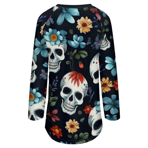 Women's Skulls With Blue Flowers Crew Neck Long Sleeve T-Shirt