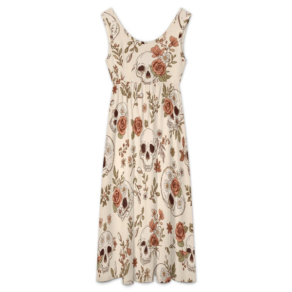 Women's Beige Skull Floral Sleeveless V-Neck Belted Dress - Everything Skull Clothing Merchandise and Accessories