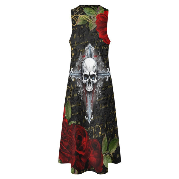 Women's Skull Cross Red Roses Long Gothic Dress