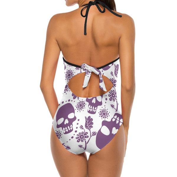 Women's Purple Skulls Deep V Halter Bikini Swimwear