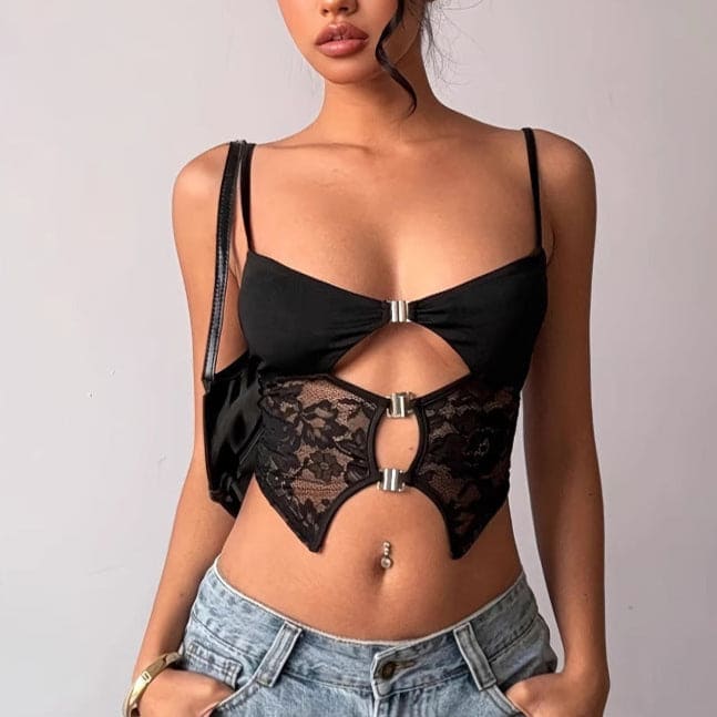 Women's Black Lace Patchwork Strappy Black Top