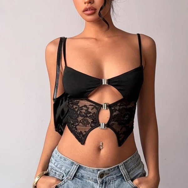 Women's Black Lace Patchwork Strappy Black Top