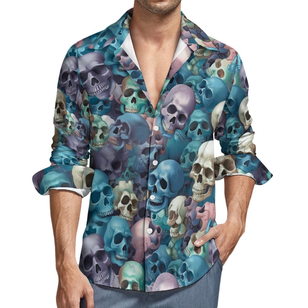 long sleeve dress casual shirts Blue Skulls Casual One Pocket Long Sleeve Dress Shirt L / White