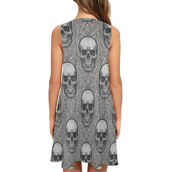 Women's Gray Skulls Design Sleeveless A-Line Pocket Dress