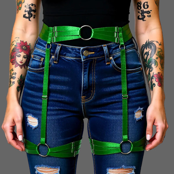 Women’s Goth High-Waist Green Garter Harness Belt – Adjustable Leg Harness Straps