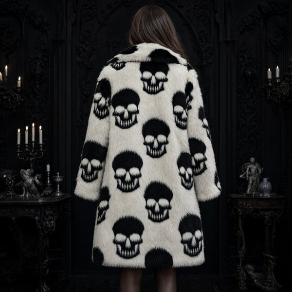 Winter Warm Skulls Pattern Woman's Punk Faux Fur Long Jacket