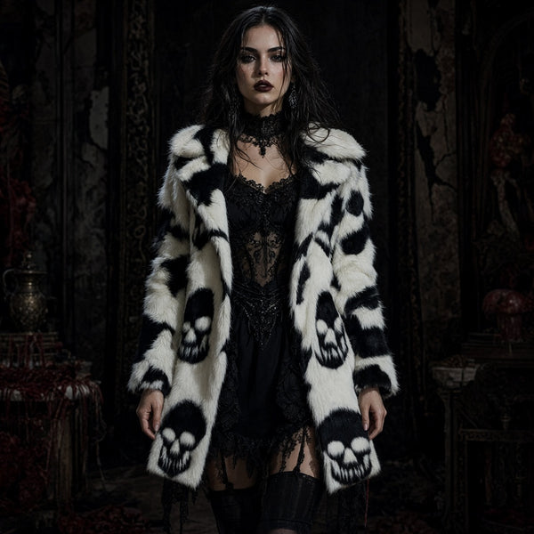 Winter Warm Skulls Pattern Woman's Punk Faux Fur Long Jacket