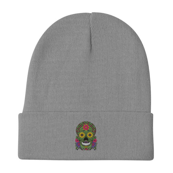 Skull Floral Embroidered Knit Beanie