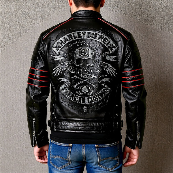 Men's Genuine Leather Motorcycle Jacket - Skull Embroidery