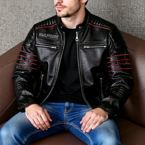 Men's Genuine Leather Motorcycle Jacket - Skull Embroidery