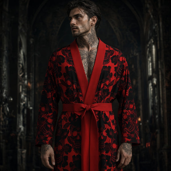 Men's Red Rose Skull Pattern Quick-Drying Bathrobe - Skin-Friendly Lounge Robe