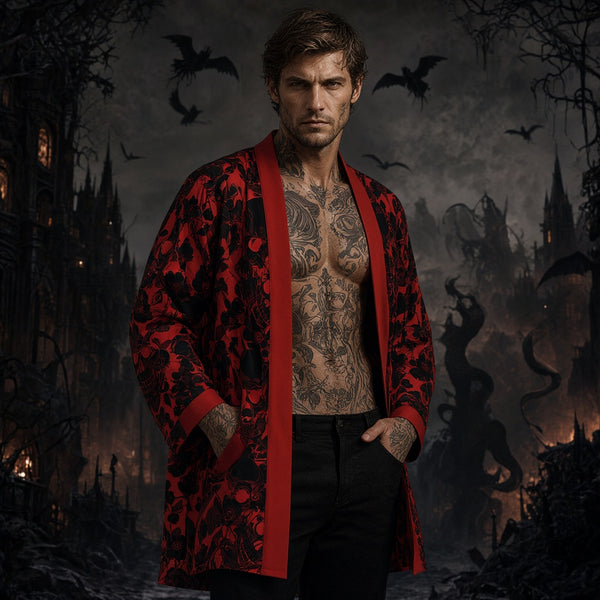 Men's Red Rose Skull Pattern Quick-Drying Bathrobe - Skin-Friendly Lounge Robe