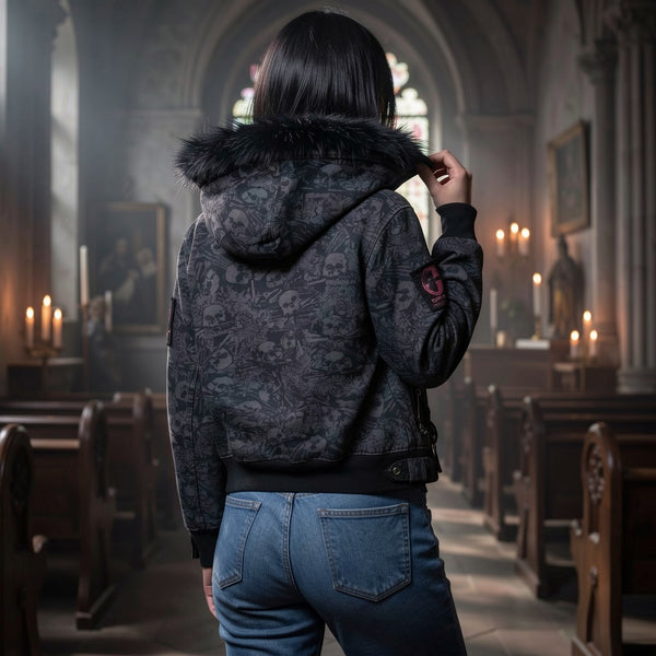 Women’s Vintage Goth Skull Print Hooded Jacket – Edgy Grunge Streetwear Zip-Up Coat