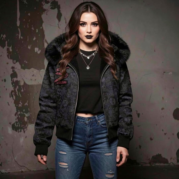 Women’s Vintage Goth Skull Print Hooded Jacket – Edgy Grunge Streetwear Zip-Up Coat