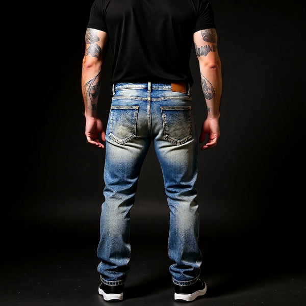 Men's Skull Boot Cut Denim Jeans - Vintage Blue Devil Embroidery Slim Flared Trousers