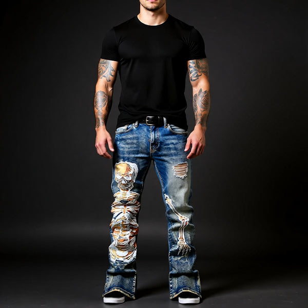 Men's Skull Boot Cut Denim Jeans - Vintage Blue Devil Embroidery Slim Flared Trousers
