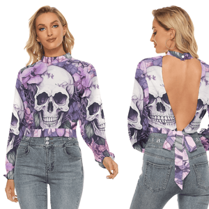 Women's Purple Floral Skull Open Back Halter Long Sleeve Top