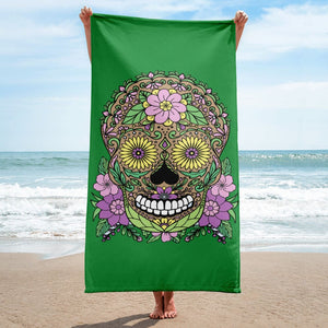 Skull Floral Green Beach or Bath Towel